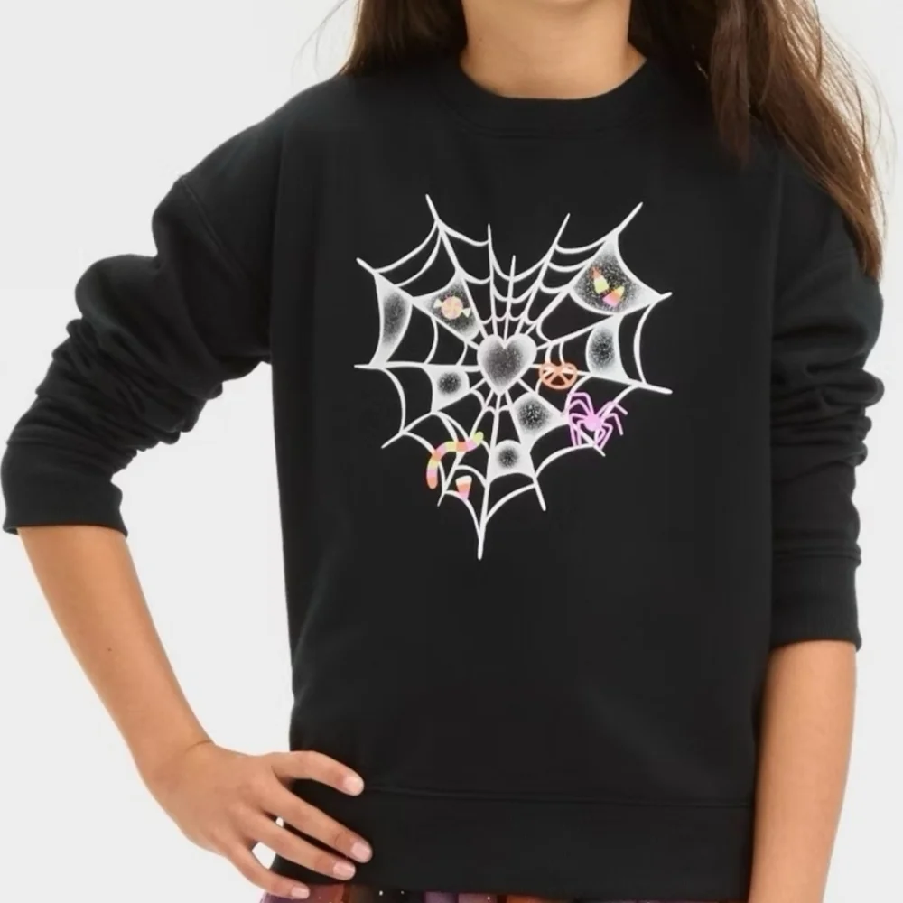 NWT Cat & Jack Black Heart Spiderweb Halloween Sweatshirt Girl's XL (14) New